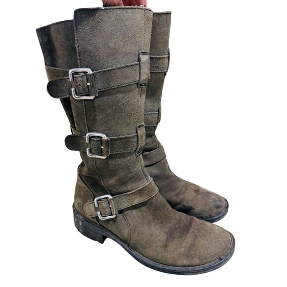 Born Suede Leather Olive Green Knee-High Combat Army Snow Winter Boots 8 Buckle - Picture 1 of 11
